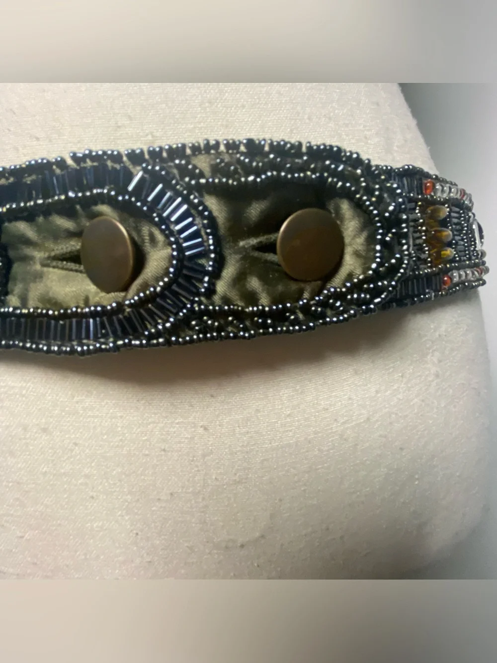 Eclectic Olive Green Satin Multicolor Beaded Belt Size Mediun